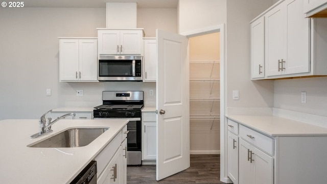 kitchen with stainless steel appliances, dark hardwood / wood-style floors, sink, and white cabinets