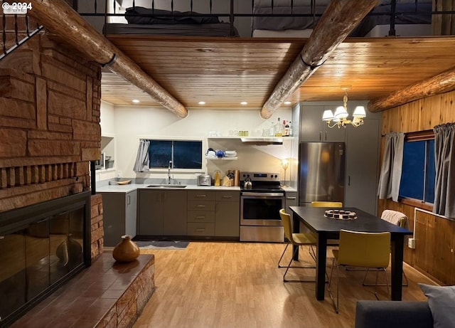 kitchen with appliances with stainless steel finishes, pendant lighting, sink, wood ceiling, and beam ceiling