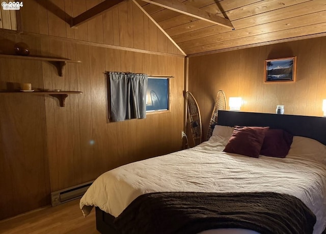 bedroom featuring vaulted ceiling, hardwood / wood-style floors, wood walls, a baseboard radiator, and wood ceiling