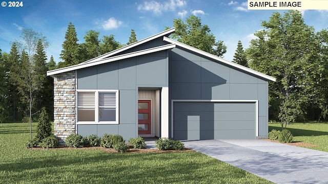 view of front of house with a garage, stone siding, driveway, and a front lawn