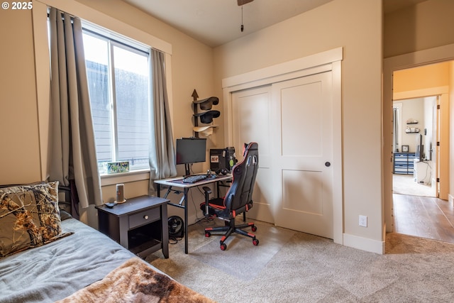 carpeted bedroom featuring multiple windows and a closet