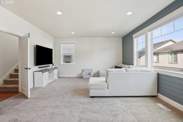 29176 SW Costa Cir E, Wilsonville, OR 97070 - living area with stairs, carpet, recessed lighting, and baseboards