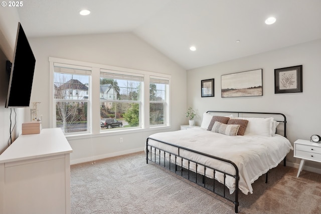 29176 SW Costa Cir E, Wilsonville, OR 97070 - bedroom featuring vaulted ceiling, light carpet, baseboards, and recessed lighting