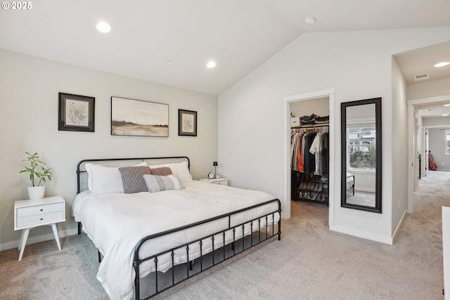 29176 SW Costa Cir E, Wilsonville, OR 97070 - bedroom featuring light colored carpet, lofted ceiling, a walk in closet, a closet, and recessed lighting