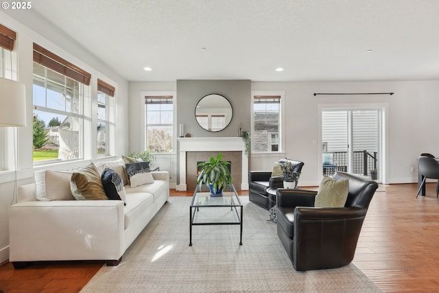 29176 SW Costa Cir E, Wilsonville, OR 97070 - living room featuring wood finished floors, recessed lighting, a fireplace, and baseboards