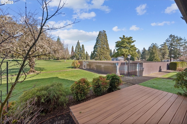 wooden deck featuring a yard, a gate, and fence