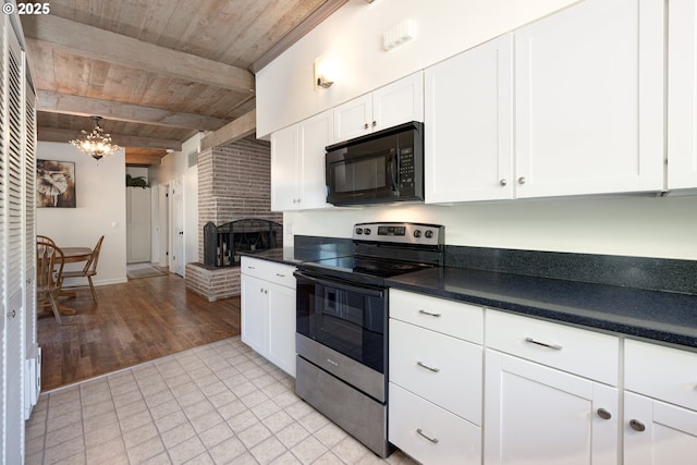 5370 SW Washington Ave, Beaverton, OR 97005 - kitchen featuring black microwave, electric range, wood ceiling with exposed beams, a chandelier, and dark countertops