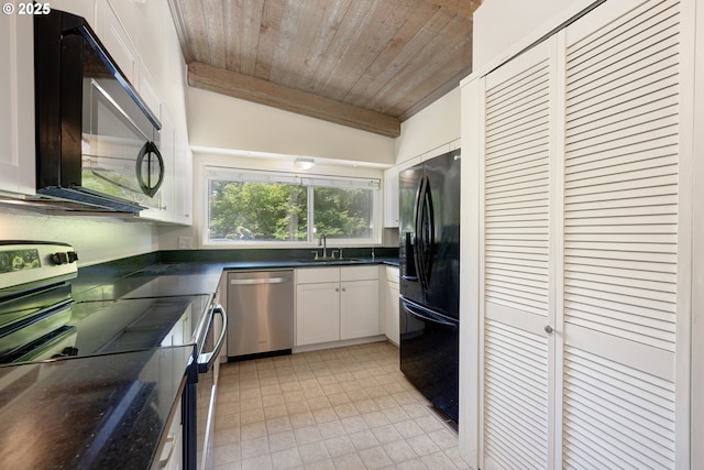 5370 SW Washington Ave, Beaverton, OR 97005 - kitchen featuring black appliances, wooden ceiling, dark countertops, white cabinets, and a sink