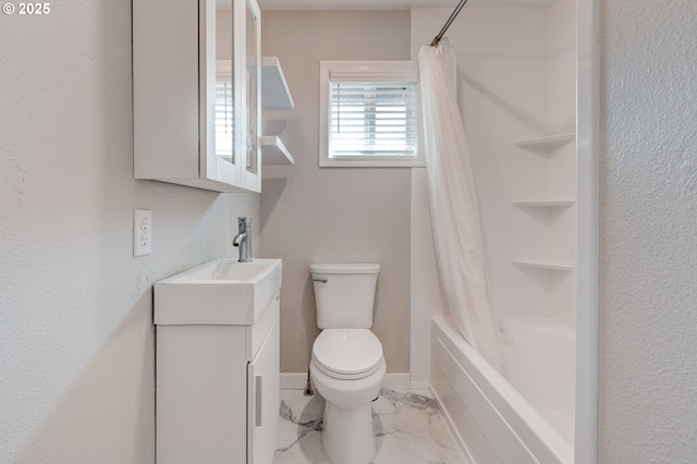 full bathroom with marble finish floor, toilet, shower / tub combo, vanity, and baseboards