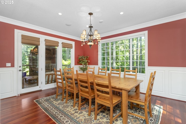 17677 Westview Dr, Lake Oswego, OR 97034 - dining room with a chandelier, wainscoting, a decorative wall, dark wood-style flooring, and recessed lighting