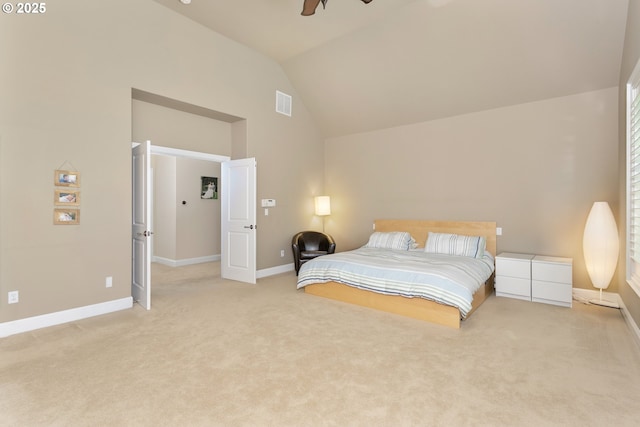 17677 Westview Dr, Lake Oswego, OR 97034 - bedroom with baseboards, light carpet, high vaulted ceiling, and a ceiling fan