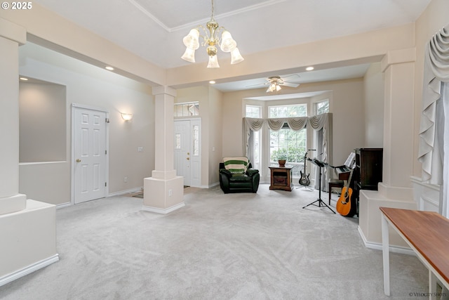 24788 E Mckenzie Valley Ct, Welches, OR 97067 - sitting room with baseboards, recessed lighting, carpet flooring, decorative columns, and ceiling fan with notable chandelier