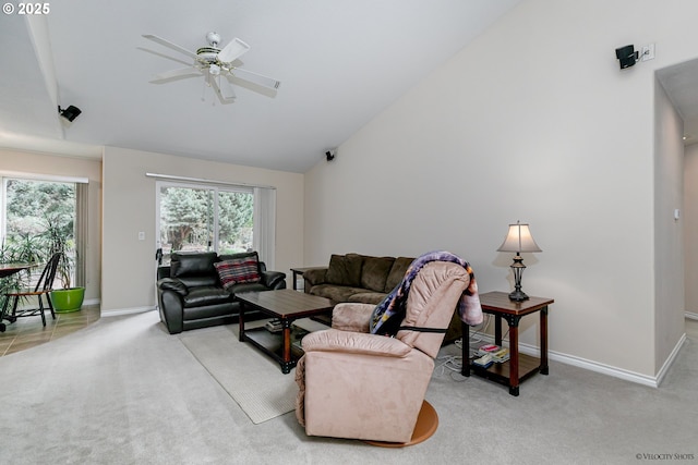 24788 E Mckenzie Valley Ct, Welches, OR 97067 - living room with carpet flooring, baseboards, vaulted ceiling, and a ceiling fan