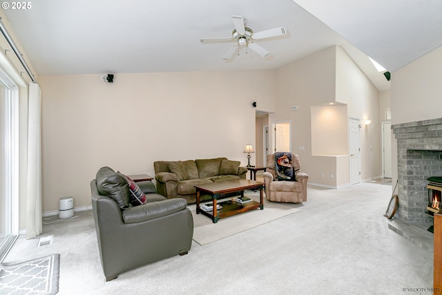 24788 E Mckenzie Valley Ct, Welches, OR 97067 - living area featuring light carpet, ceiling fan, baseboards, and a brick fireplace