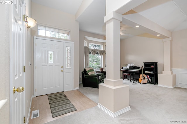 24788 E Mckenzie Valley Ct, Welches, OR 97067 - entryway with recessed lighting, visible vents, ornate columns, and ceiling fan