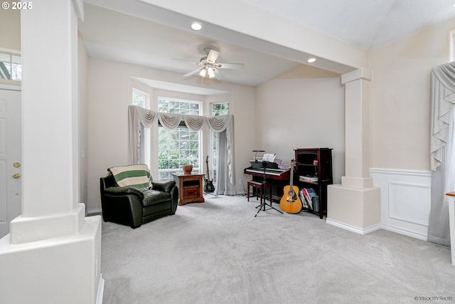 24788 E Mckenzie Valley Ct, Welches, OR 97067 - sitting room with ceiling fan, decorative columns, carpet, and recessed lighting