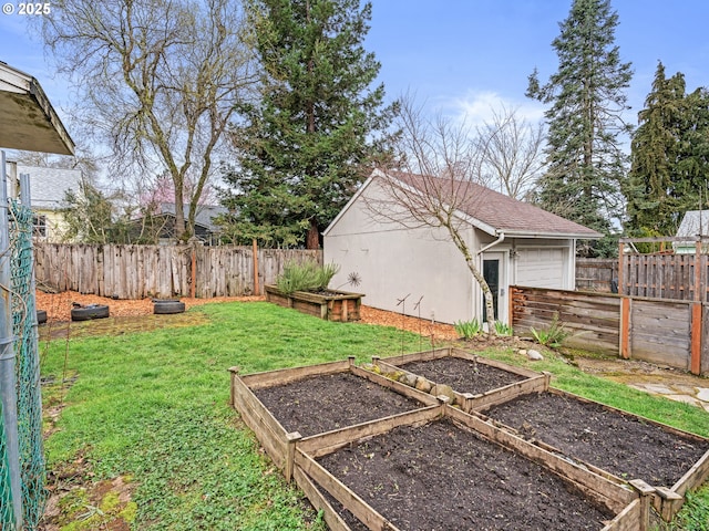 3943 NE 76th Ave, Portland, OR 97213 - view of yard with an outdoor structure, a fenced backyard, and a vegetable garden