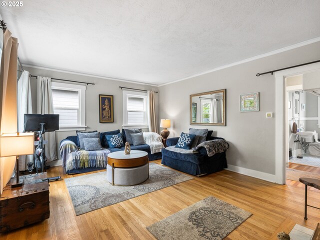 3943 NE 76th Ave, Portland, OR 97213 - living room with baseboards, a textured ceiling, ornamental molding, and wood finished floors