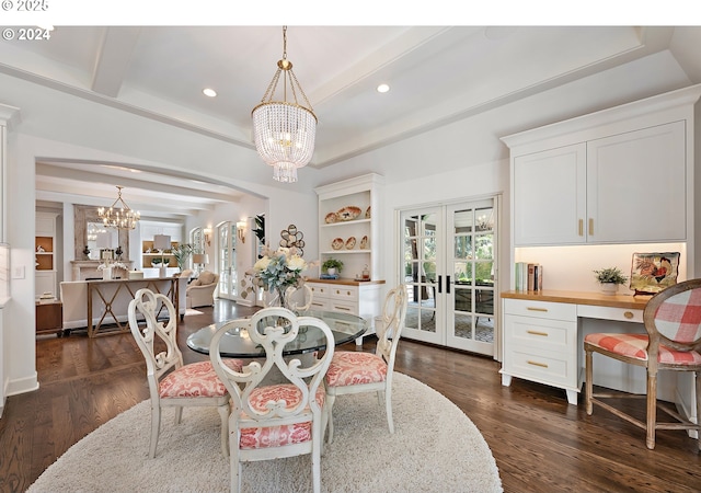 dining room featuring dark wood-type flooring, french doors, built in study area, beamed ceiling, and an inviting chandelier