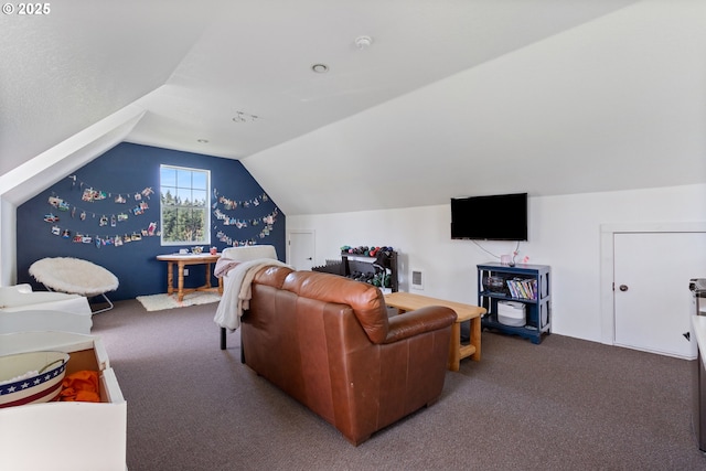 living room with visible vents, vaulted ceiling, and carpet