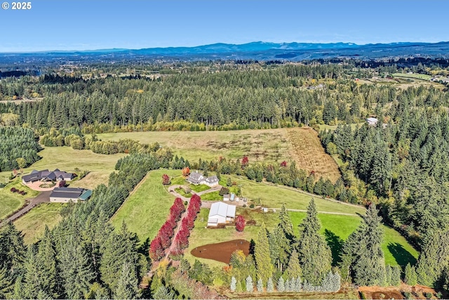 bird's eye view with a mountain view and a wooded view