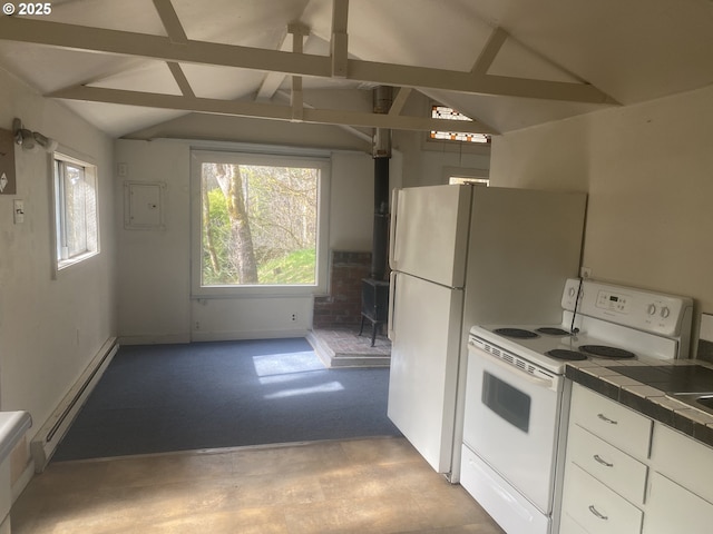 kitchen featuring tile countertops, white electric range oven, vaulted ceiling with beams, and a baseboard heating unit