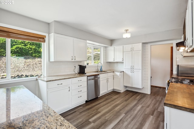 kitchen with a sink, tasteful backsplash, dishwasher, dark wood-style flooring, and white cabinetry