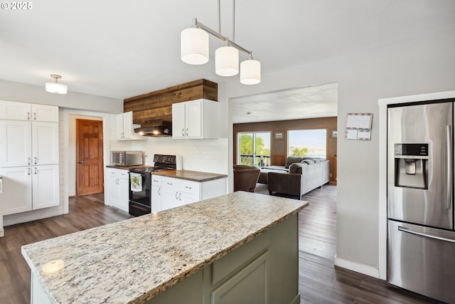 kitchen with dark wood-style flooring, baseboards, white cabinetry, exhaust hood, and stainless steel appliances