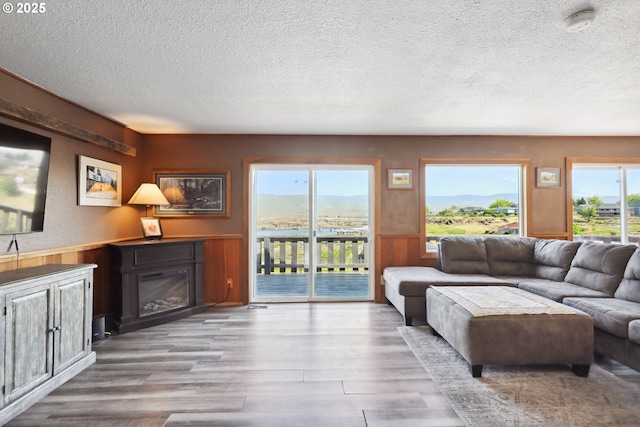 living area featuring wainscoting, a textured ceiling, a glass covered fireplace, and wood finished floors