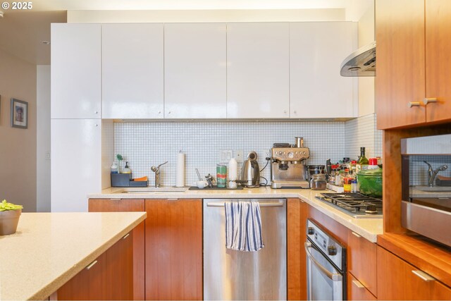 kitchen with modern cabinets, a sink, decorative backsplash, stainless steel appliances, and white cabinets