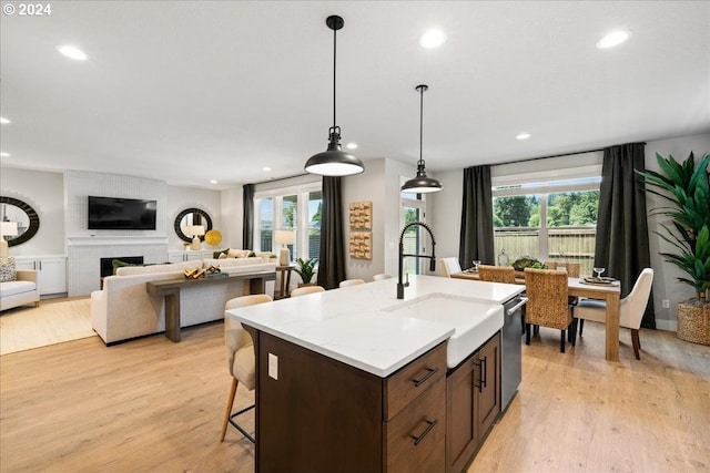 kitchen with a large fireplace, hanging light fixtures, light hardwood / wood-style floors, and stainless steel dishwasher