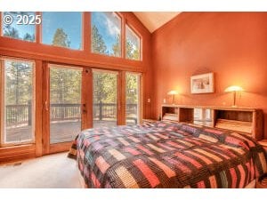 bedroom featuring carpet floors, access to outside, multiple windows, and a towering ceiling