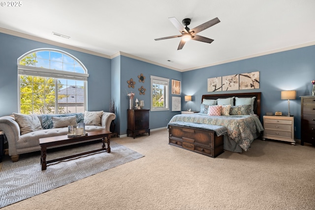 6244 SE Jess Ct, Hillsboro, OR 97123 - bedroom featuring a ceiling fan, visible vents, carpet floors, baseboards, and ornamental molding