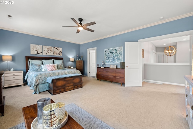 6244 SE Jess Ct, Hillsboro, OR 97123 - bedroom with carpet flooring, baseboards, ornamental molding, and ceiling fan with notable chandelier