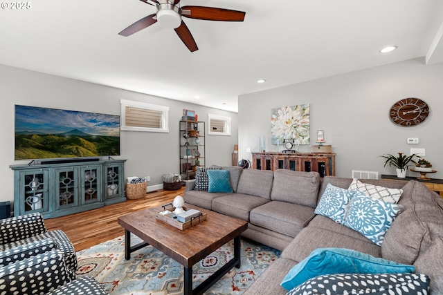 6244 SE Jess Ct, Hillsboro, OR 97123 - living area with visible vents, a ceiling fan, wood finished floors, and recessed lighting