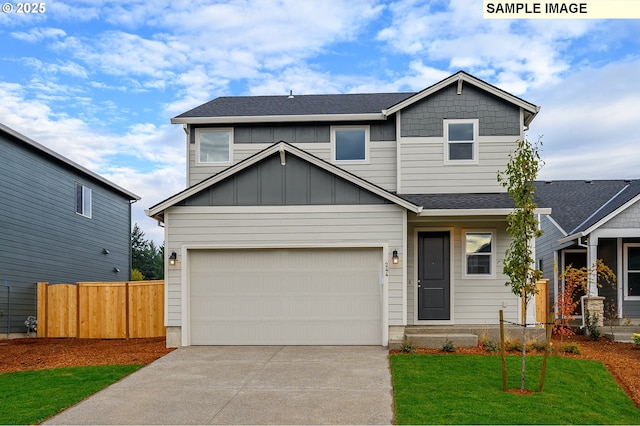 view of front of house featuring board and batten siding, a front lawn, fence, roof with shingles, and driveway