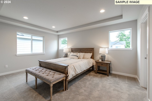 bedroom with a tray ceiling, light carpet, and baseboards