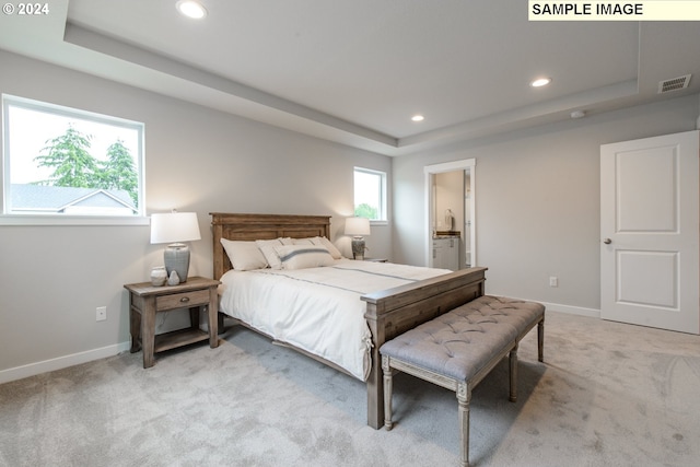 bedroom with light carpet, visible vents, and a tray ceiling