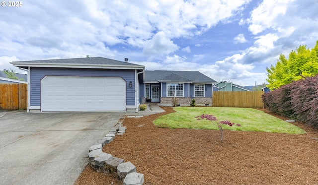 single story home with fence, an attached garage, driveway, and a front lawn