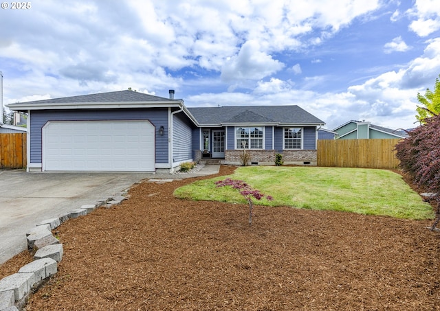 single story home with fence, an attached garage, driveway, and a front yard