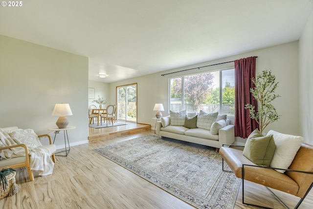 living room with baseboards and wood finished floors