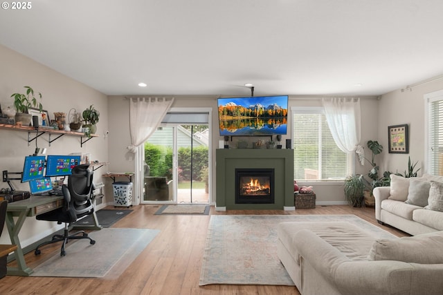 6910 SE Lamphier St, Milwaukie, OR 97222 - office area with a fireplace, baseboards, wood finished floors, and recessed lighting