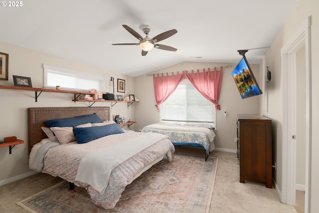 6910 SE Lamphier St, Milwaukie, OR 97222 - bedroom featuring vaulted ceiling, light colored carpet, a ceiling fan, and baseboards