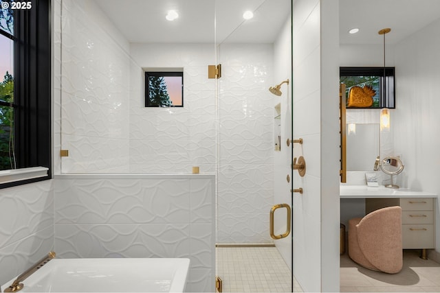1235 Andrews Rd, Lake Oswego, OR 97034 - full bath featuring tile patterned flooring, a stall shower, a bath, vanity, and recessed lighting