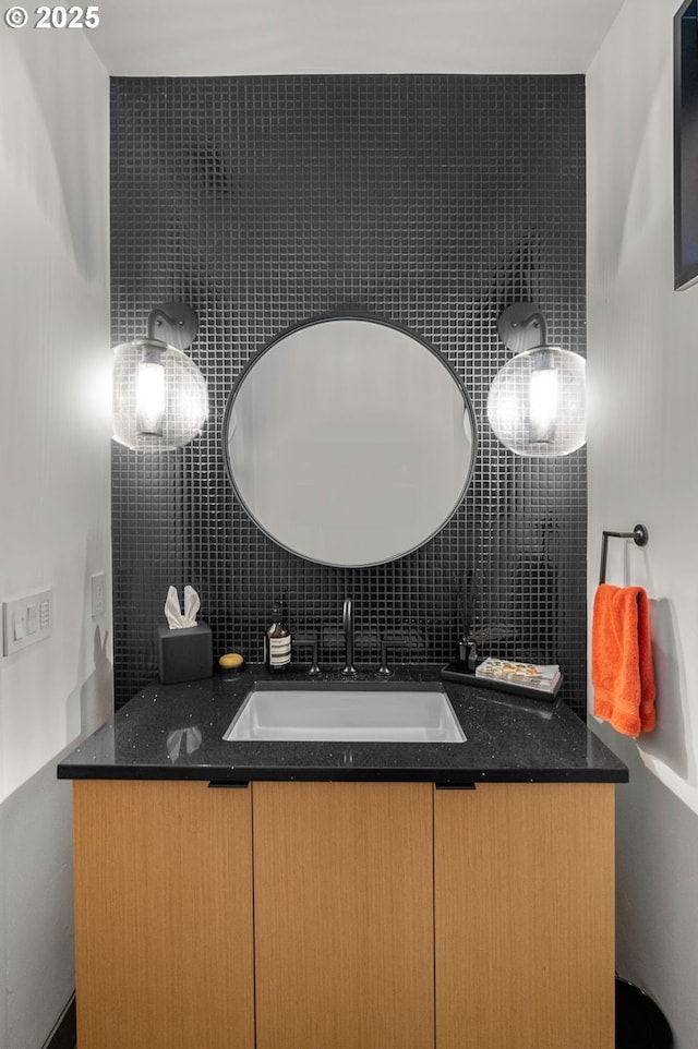 1235 Andrews Rd, Lake Oswego, OR 97034 - bathroom with vanity, decorative backsplash, and tile walls