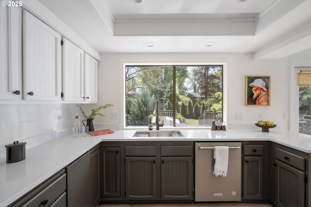 kitchen featuring a sink, a raised ceiling, light countertops, white cabinetry, and stainless steel dishwasher