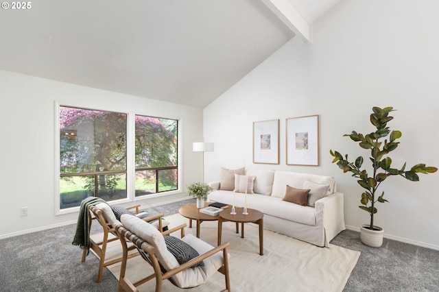 living room featuring carpet floors, baseboards, beam ceiling, and high vaulted ceiling