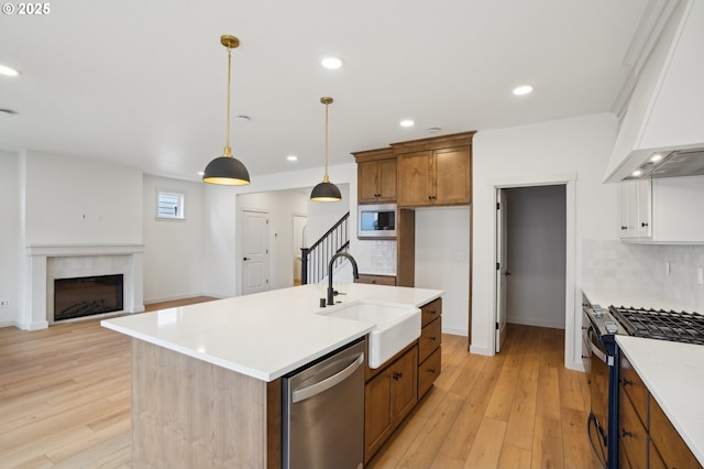 17109 NE 82nd St, Vancouver, WA 98682 - kitchen with appliances with stainless steel finishes, a sink, a fireplace, premium range hood, and tasteful backsplash