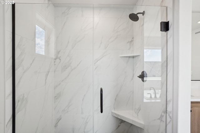 17109 NE 82nd St, Vancouver, WA 98682 - bathroom with a marble finish shower, plenty of natural light, and vanity