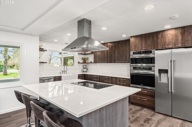 kitchen with open shelves, decorative backsplash, island range hood, stainless steel appliances, and a sink